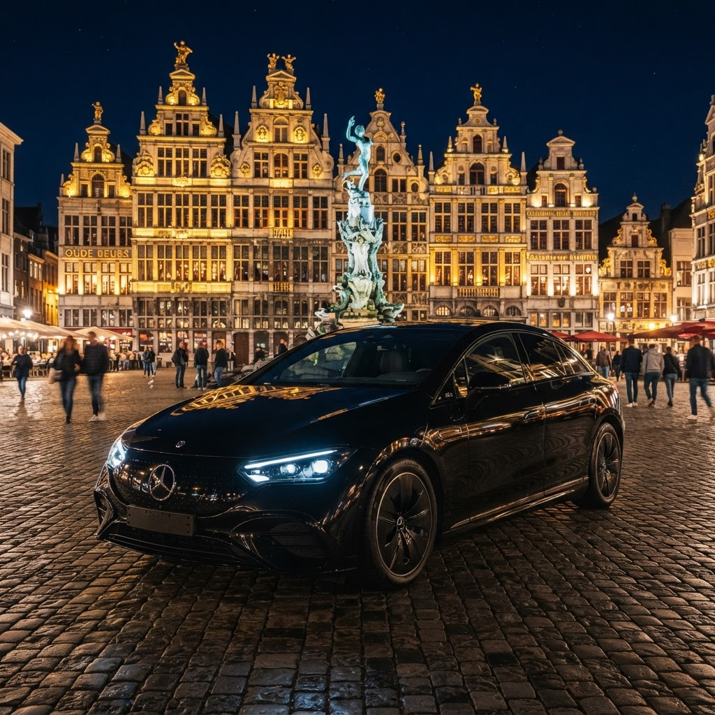 Zwarte Mercedes-Benz EQE Sedan op de Grote Markt in Antwerpen bij nacht
